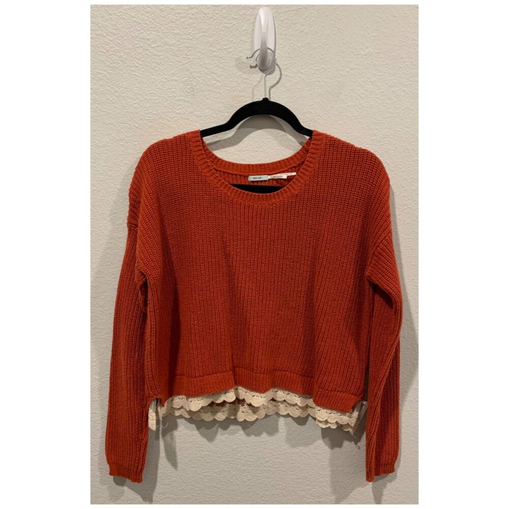 KIMCHI BLUE Burnt Orange Cropped Cable Knit Fall Crochet Lace Trim Sweater - Picture 3 of 6